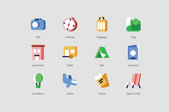 Travel of web icons set in flat design. Pack of photo, compass, baggage, map, apartment, tent, passport, air balloon, plane, ticket, beach chair and other. Vector pictograms for mobile app interface