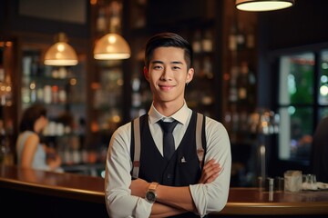Fototapeta premium Portrait a waiter smiling confident AI Generative