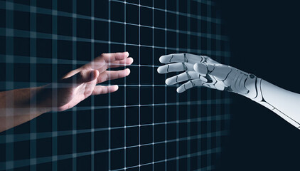 Hands of Robot and Human Touching together through computer moniter screen in dark background. Virtual Reality Augmented reality Artificial Intelligence technology digital twin driven smart concept - obrazy, fototapety, plakaty