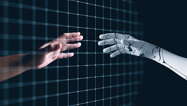 Hands of Robot and Human Touching together through computer moniter screen in dark background. Virtual Reality Augmented reality Artificial Intelligence technology digital twin driven smart concept