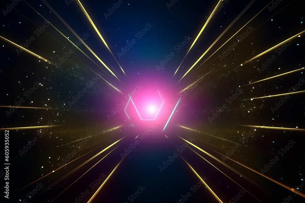 Poster step into a spectrum of vibrant colors: virtual abstract background space tunnel with neon line ligh