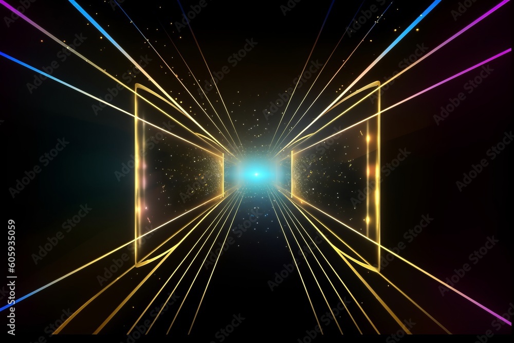 Poster step into a spectrum of vibrant colors: virtual abstract background space tunnel with neon line ligh