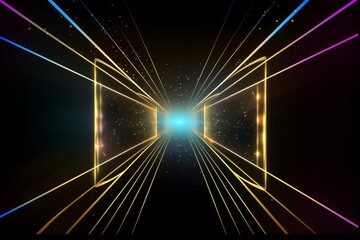Fototapeta premium Step into a Spectrum of Vibrant Colors: Virtual Abstract Background Space Tunnel with Neon Line Lights and Reality Square Portal Arch Tunnel Laser Show, Generative AI.