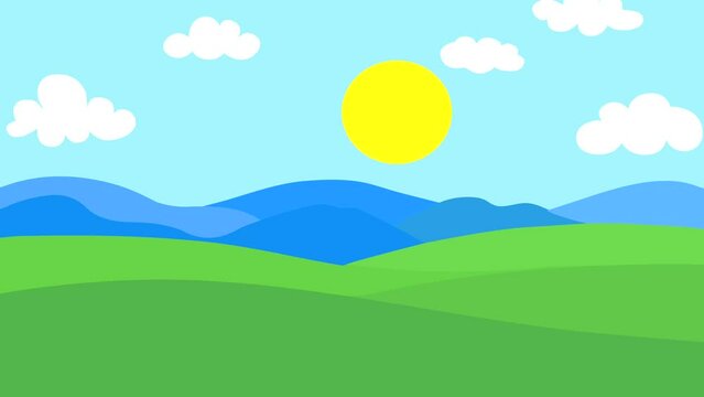 cartoon animation Rising and setting sun Against the backdrop of mountains and green hills