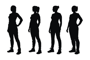 Muscular female model standing in different position silhouette set vector. Bodybuilder and gymnast girl with anonymous faces. Muscular sports women silhouette collection. Bodybuilder girl silhouette.
