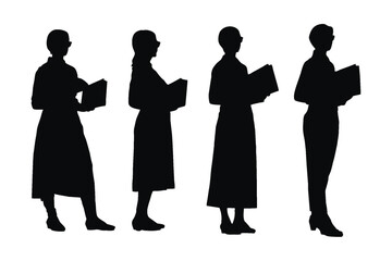 Female Tutors and masters standing in different position silhouette set vectors. Girl teachers with anonymous faces. Educators wearing uniforms silhouette collection. School teacher girl silhouette.
