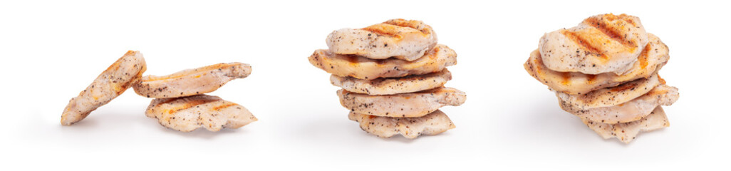 Grilled pieces of chicken breast isolated on transparent background png. Grilled food with shadows,...