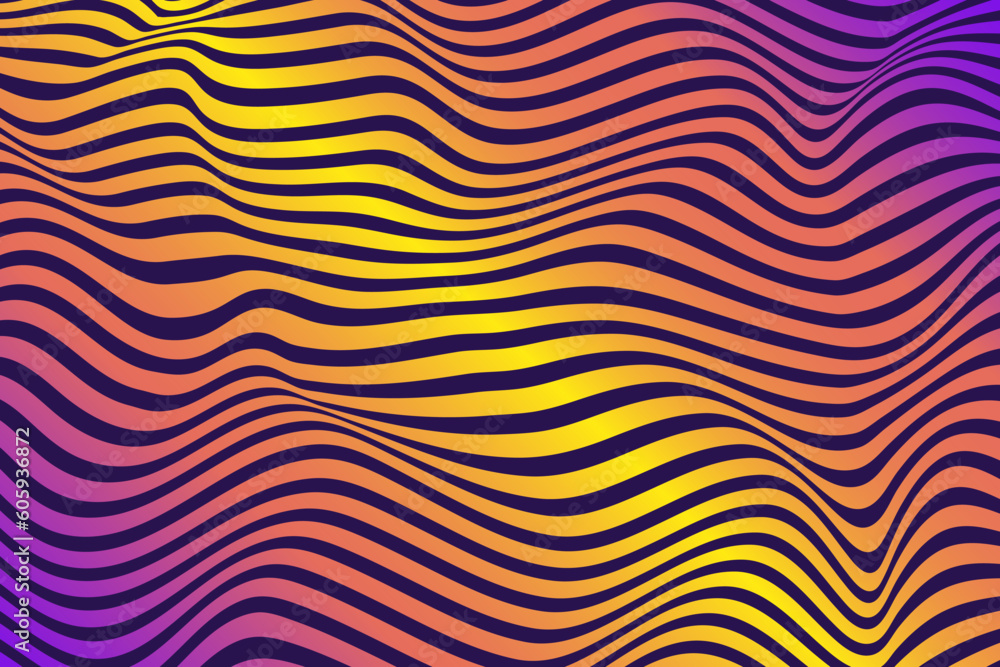 Poster purple and yellow optical illusion wave oblique smooth lines effect. vertical lines stripes pattern 