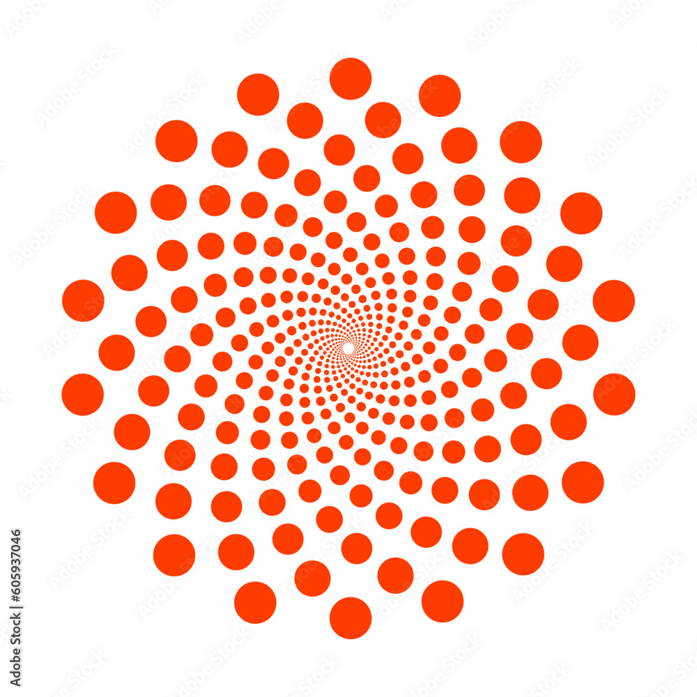 Poster orange fibonacci dotted spiral vortex. swirl pattern dots vector illustration.abstract dotted spiral