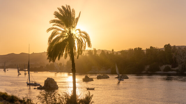 Aswan, Egypt; May 24, 2023 - A view of the Nile at sunset, Aswan, Egypt