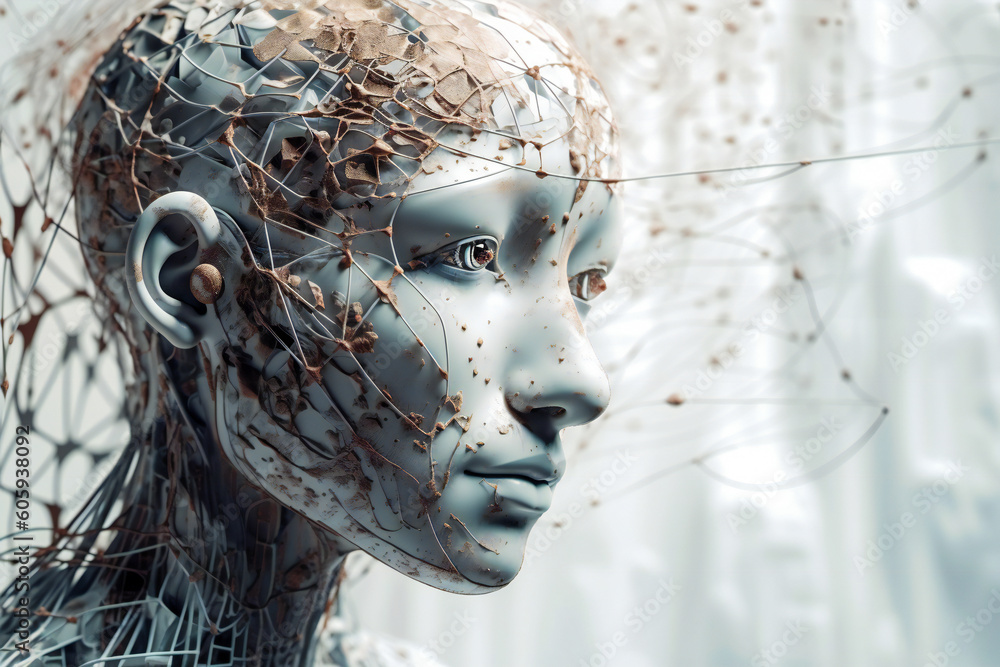 Poster illustration of a beautiful female android head. robotic and artificial intelligence concept. create