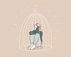 woman locked in cage. Sad girl needs psychological help. Hand drawn style vector design illustrations.