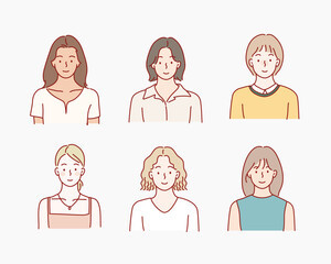 Female diverse faces, different ethnicity and hairstyle. Hand drawn style vector design illustrations.