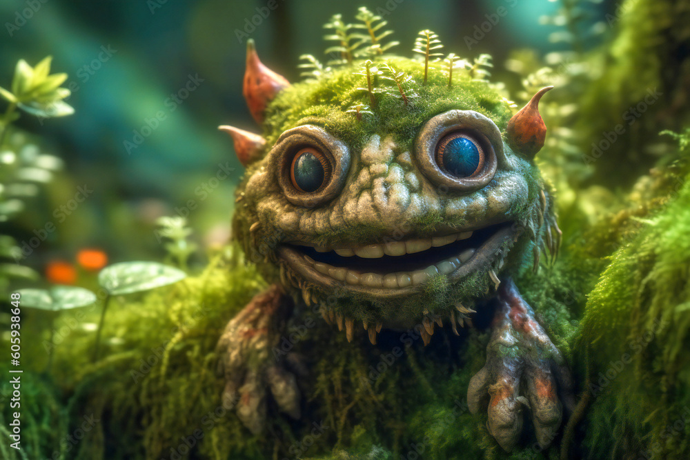 Poster cute little green creature in the forest. created with generative ai technology.