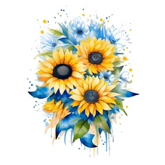 Sunflower and eucalyptus leaves bouquet. Watercolor floral for decoration, fabric, greeting, cards. Generative AI