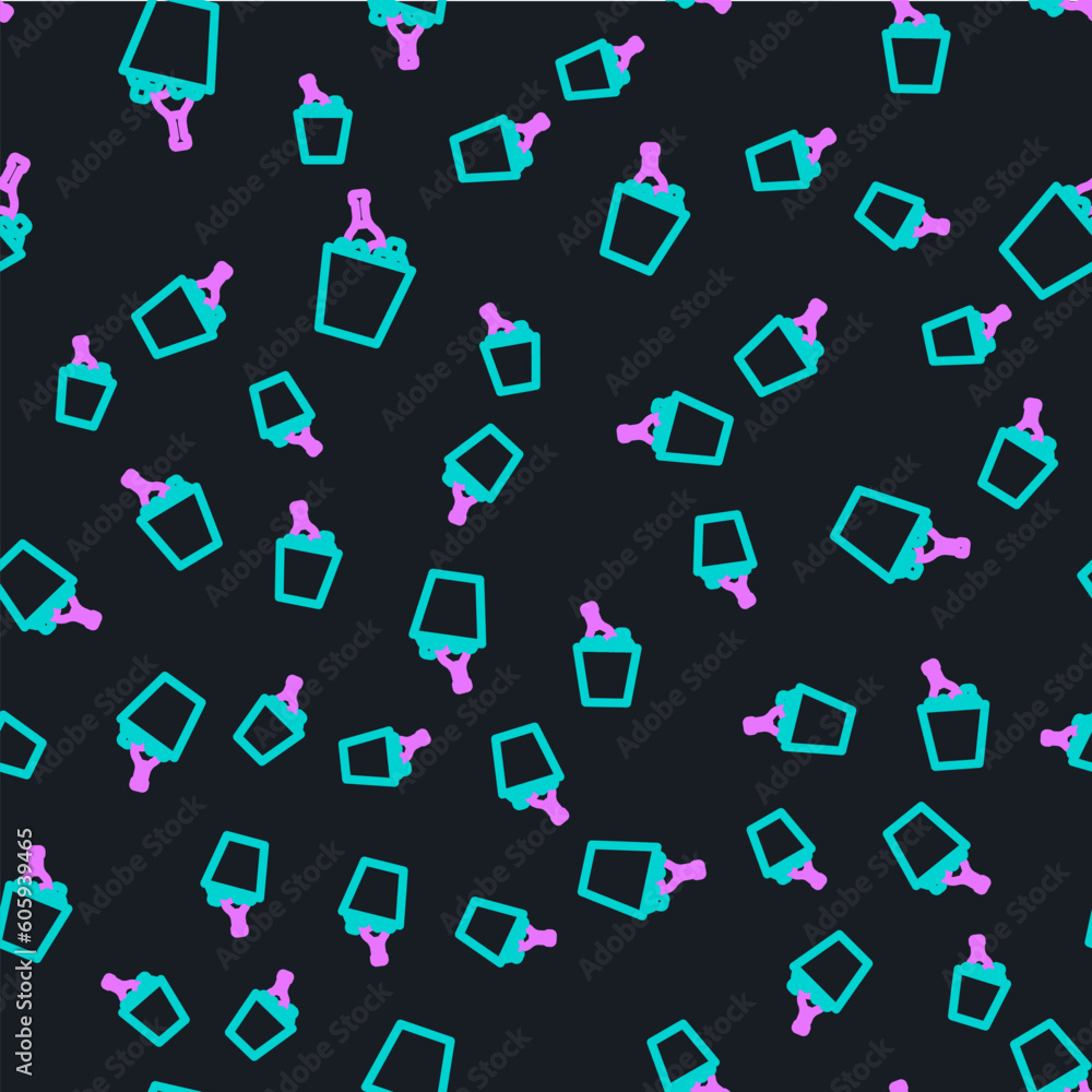Poster line bottle of champagne in an ice bucket icon isolated seamless pattern on black background. vector
