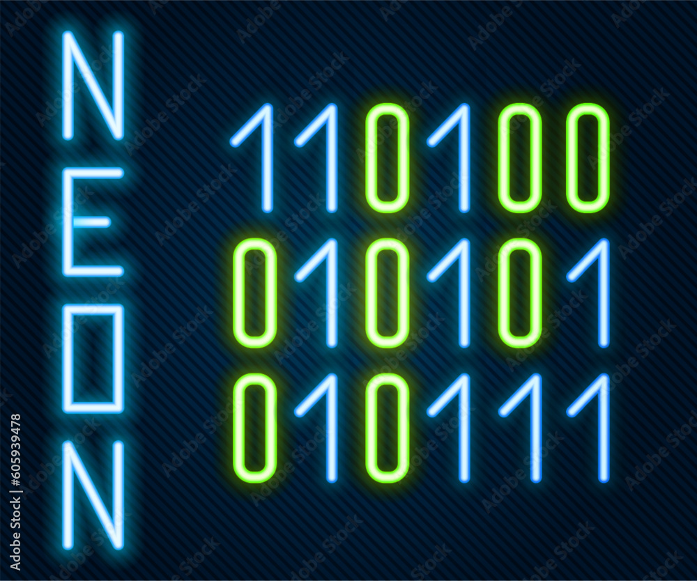 Poster glowing neon line binary code icon isolated on black background. colorful outline concept. vector il