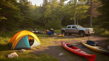 A wilderness campsite with a pickup truck, with colorful kayaks, and a pitched tent in the woods. Generative AI - obrazy, fototapety, plakaty