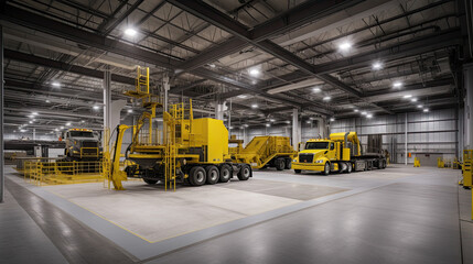 a large yellow truck in a warehouse with lights on the ceiling and two other trucks parked behind it, all ready to be used. Generative Ai