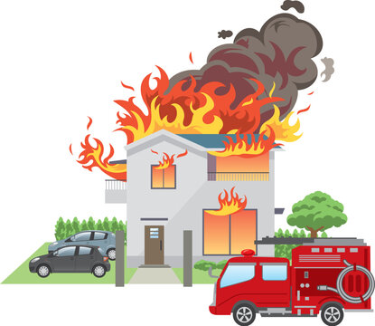 燃えている二階建て住宅と消防車のイメージイラスト