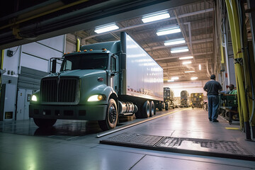 a semi truck in a large warehouse with two men working on the side of the truck and one man standing next to it. Generative Ai