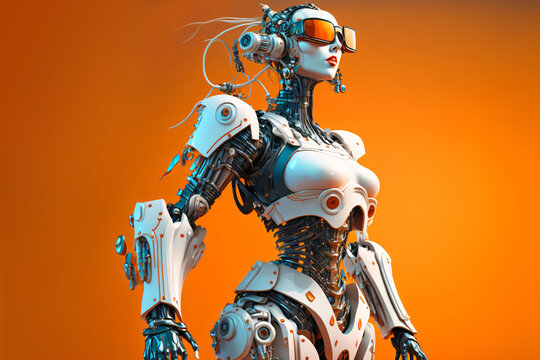 futuristic female robot, cool cybernetic girl with sunglasses, white cyborg woman with headphones, fictional person created with generative ai