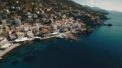 From above, witness the captivating charm of a picturesque coastal town in Greece, where traditional blue-domed churches, quaint fishing boats. Generated by AI.