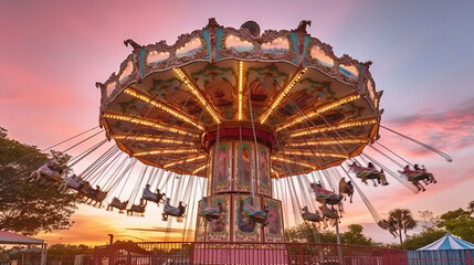 Whirling in Sunset Hues: The Mesmerizing Flight of a Pink Carousel Ride. Generative AI