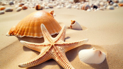 Treasures of the Shore, Starfish and Seashells Adorn a Sandy Beach, Generative AI