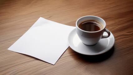 Obraz na płótnie Canvas Cup of coffee and blank paper with copy space on wooden table. Generative AI.
