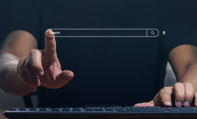 Data Search Technology Search Engine Optimization concept. Human hands are using computer keyboard to search for information, use Search Console with your website. - obrazy, fototapety, plakaty