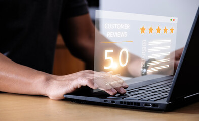 The concept of scoring great service experiences on mobile applications. Customers assess the quality of the business' service reputation ratings. customer satisfaction survey concept