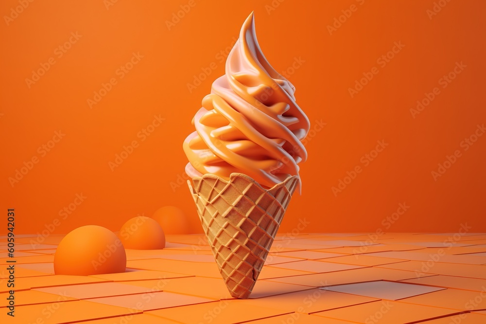 Poster a vanilla ice cream cone topped with orange frosting sitting on a floor of tiles generative ai