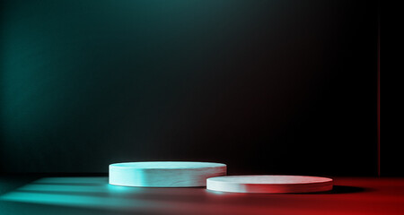 3D Black geometric stage podium. Dark background.