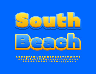 Vector modern banner South Beach. Colorful Blue and Yellow Font. Creative Alphabet Letters, Numbers and Symbols