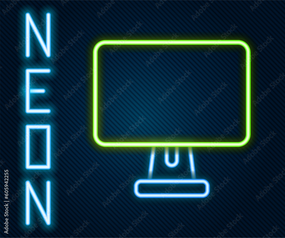 Aufkleber glowing neon line computer monitor screen icon isolated on black background. electronic device. fron