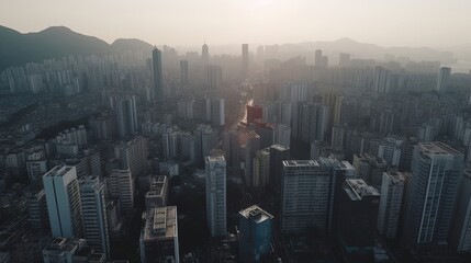 Fototapeta premium The exhilarating drone footage captures the pulsating energy of a bustling metropolis, as towering skyscrapers reach for the sky. Generated by AI.