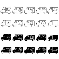 Food delivery icon vector set. Takeaway food illustration sign collection. fast food symbol. Restaurant on wheels logo.