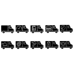Food delivery icon vector set. Takeaway food illustration sign collection. fast food symbol. Restaurant on wheels logo.