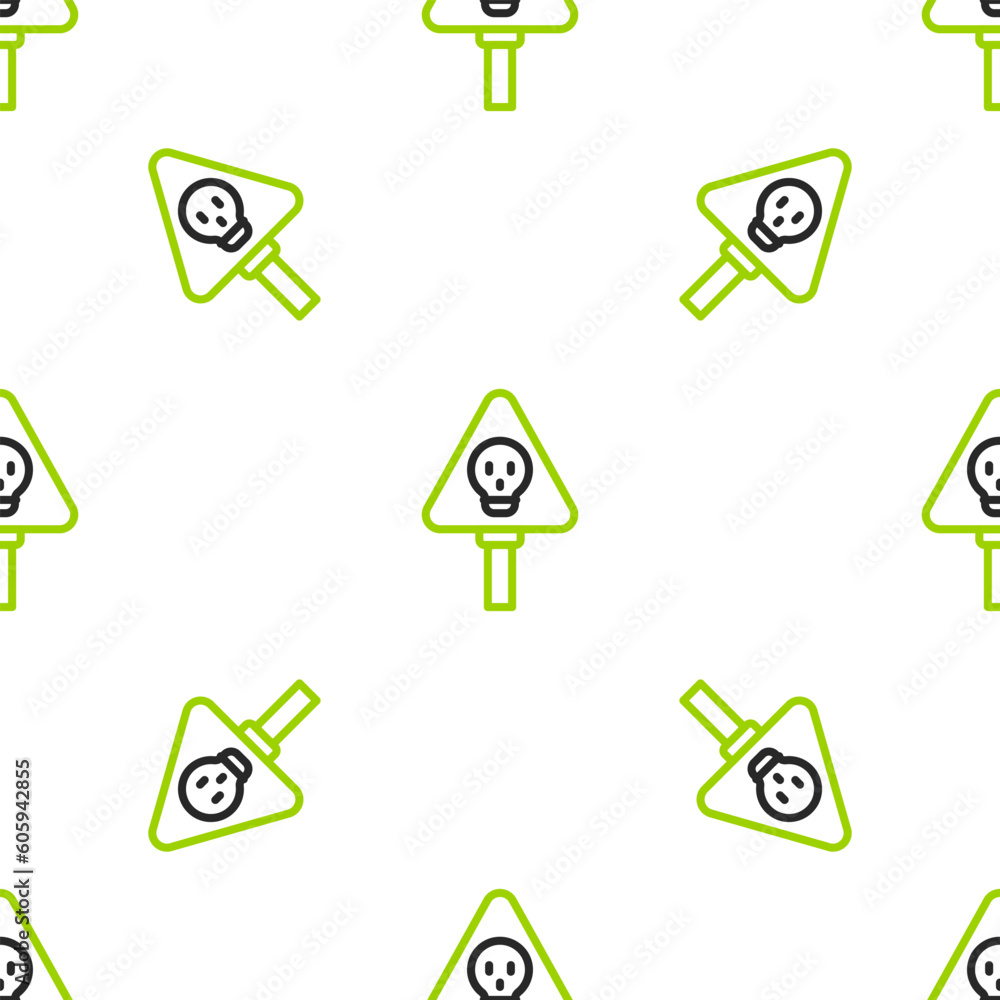 Poster line bones and skull as a sign of toxicity warning icon isolated seamless pattern on white backgroun