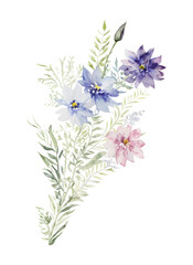 Obraz premium Bouquet delicate wildflowers, grasses and plants, watercolor isolated on white background for invitation or greeting cards, decorative symbol nature, fields and meadows.