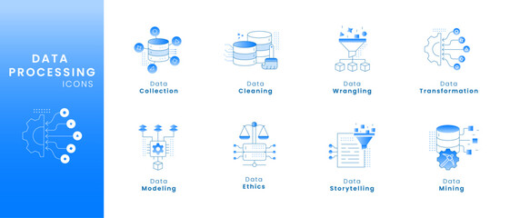 Data Processing Icons - A Set of High-Quality Icons for Data Processing like Data Collection, Cleaning, Wrangling, Transformation, Modeling, Ethics, Storytelling, and Mining.