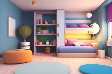 Minimalist design with a miniature interior for a child's bedroom made of cloth and wool yarn. Bedroom in the style of a children's cartoon animation. generative AI