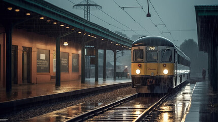 Obraz premium Tracks and Raindrops, A Serene Scene at the Train Station. Generative AI