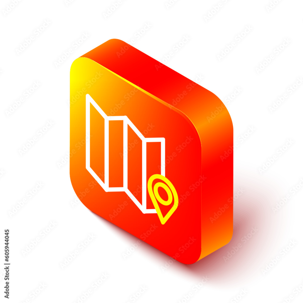Poster isometric line folded map with location marker icon isolated on white background. orange square butt