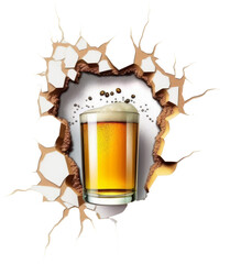 A glass of frothy beer showing out of a hole in the wall from refrigerator