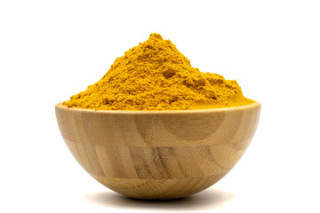 Powdered turmeric isolated on white background. Dried ground turmeric powder spices in wooden bowl