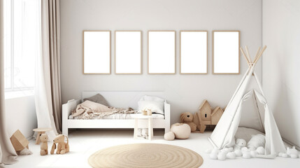 White cozy children room with mock up frame, Scandinavian style. Generative AI