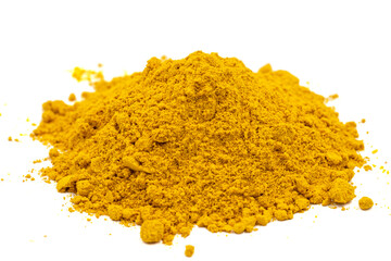 Powdered turmeric isolated on white background. Dried ground turmeric powder spices. Close up