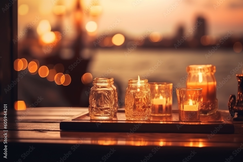 Poster a table made of wood that was adorned with jars that contained candles. generative ai